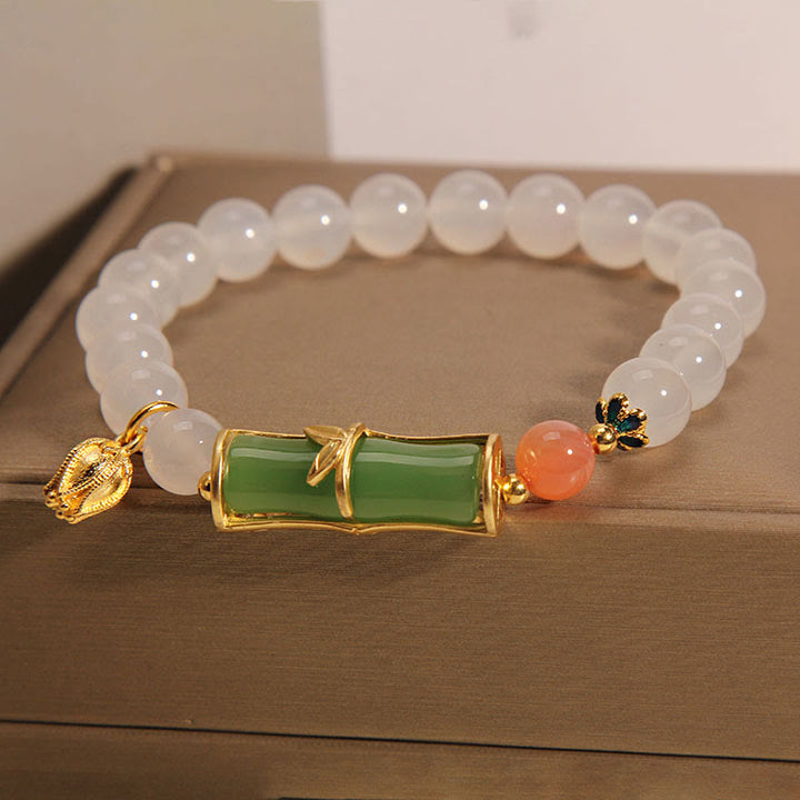 Buddha Stones天然白瑪瑙 翡翠 竹ビーズ ポジティブブレスレット