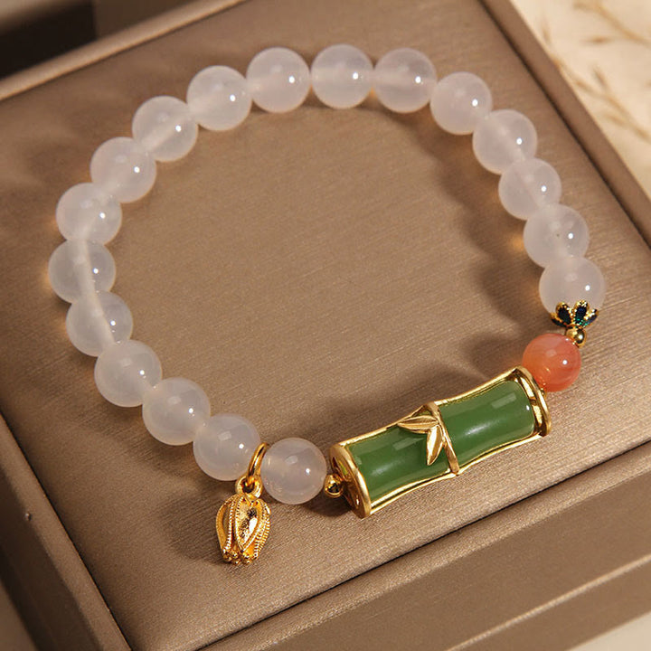 Buddha Stones天然白瑪瑙 翡翠 竹ビーズ ポジティブブレスレット