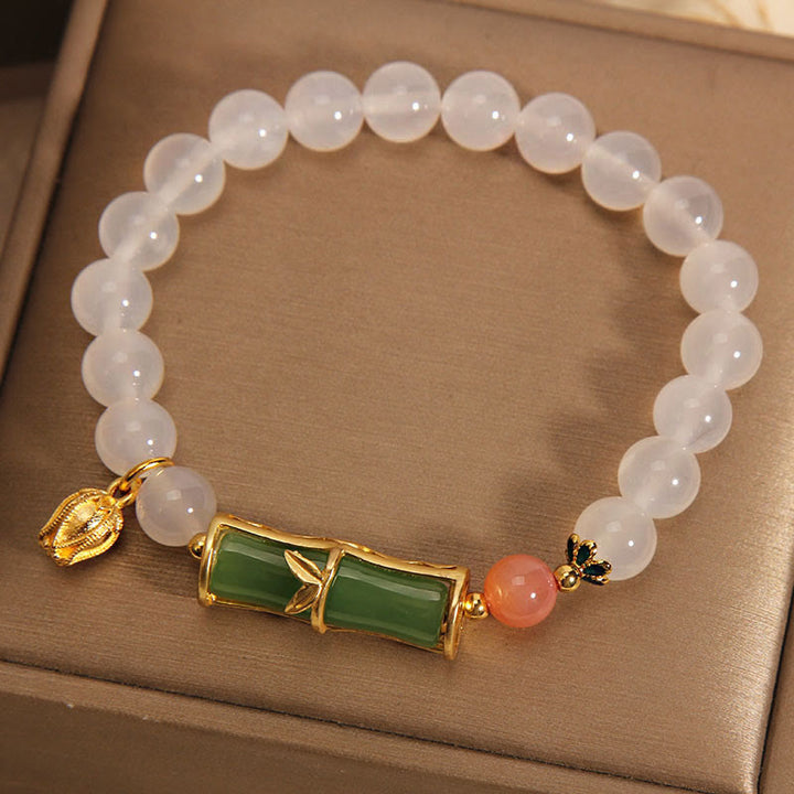 Buddha Stones天然白瑪瑙 翡翠 竹ビーズ ポジティブブレスレット