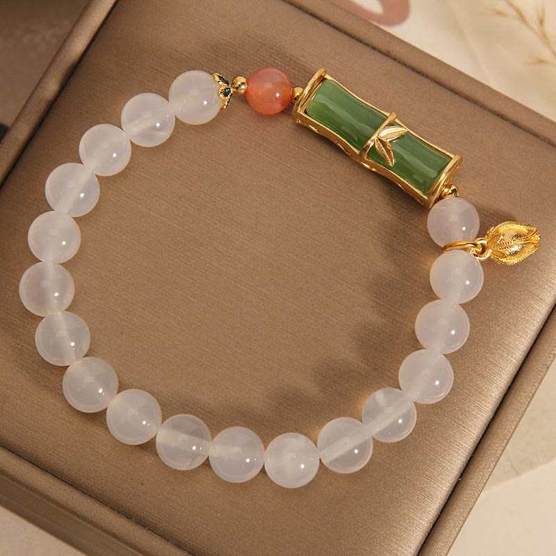 Buddha Stones天然白瑪瑙 翡翠 竹ビーズ ポジティブブレスレット