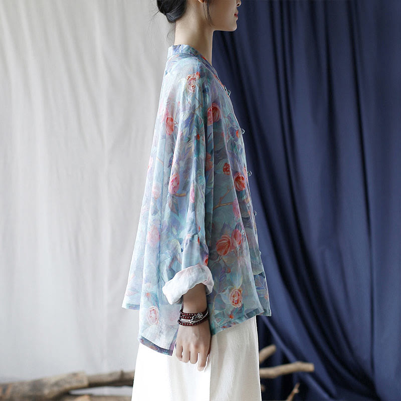 Buddha Stones、ピンクの花、緑の葉のプリント、カエルボタンデザイン、長袖ラミーリネンジャケットシャツ - image 3