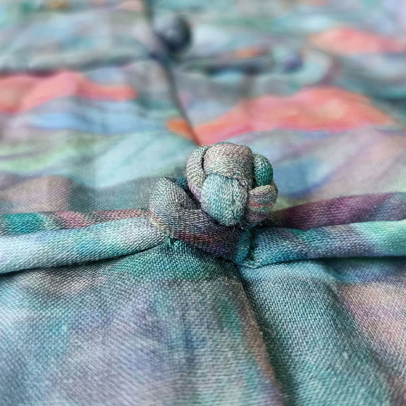 Buddha Stones、ピンクの花、緑の葉のプリント、カエルボタンデザイン、長袖ラミーリネンジャケットシャツ - image 13