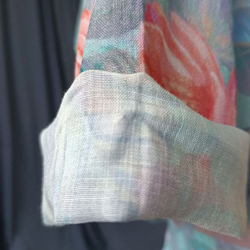 Buddha Stones、ピンクの花、緑の葉のプリント、カエルボタンデザイン、長袖ラミーリネンジャケットシャツ - image 14