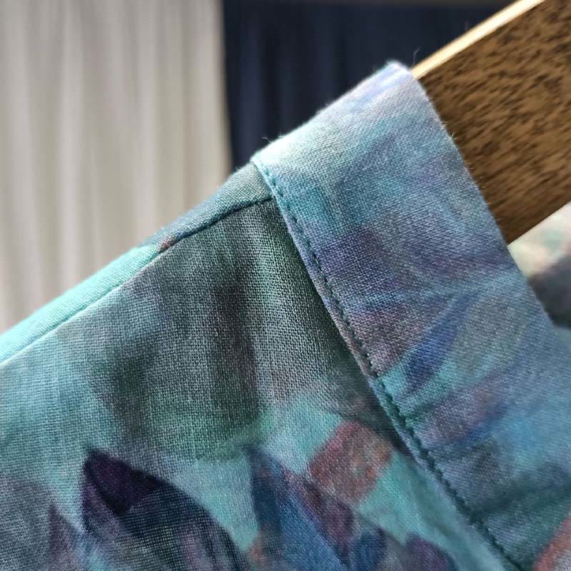 Buddha Stones、ピンクの花、緑の葉のプリント、カエルボタンデザイン、長袖ラミーリネンジャケットシャツ - image 11