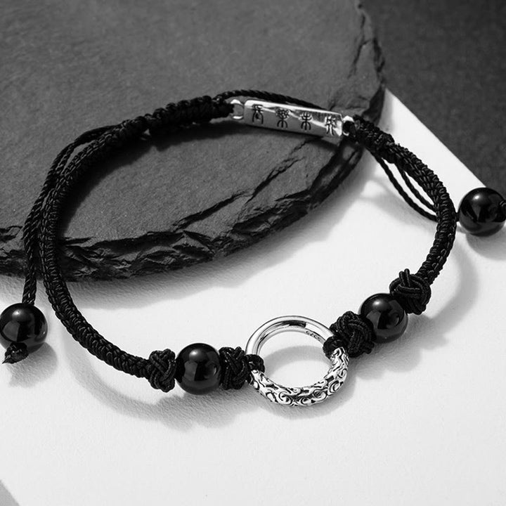 Buddha Stones 925スターリングシルバー ブラックオニキス ピースバックル プロテクションブレスレット