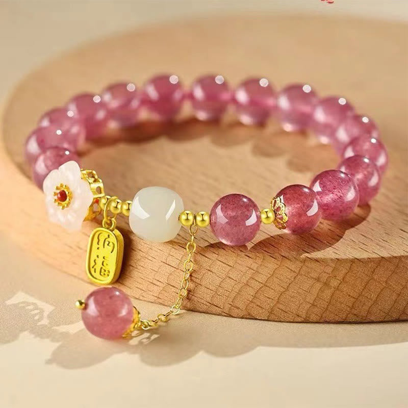 Buddha Stonesストロベリークォーツ フーキャラクター ピンククリスタルヒーリングブレスレット - ピンククリスタル（手首周り：14～16cm） - image 0