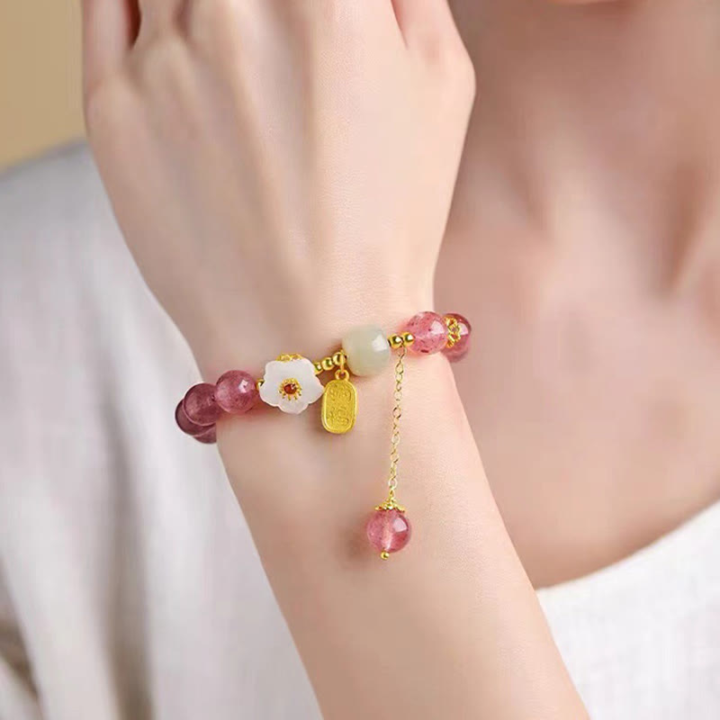 Buddha Stonesストロベリークォーツ フーキャラクター ピンククリスタルヒーリングブレスレット