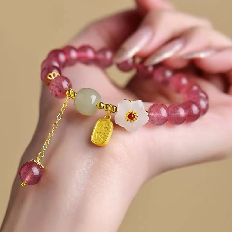 Buddha Stonesストロベリークォーツ フーキャラクター ピンククリスタルヒーリングブレスレット