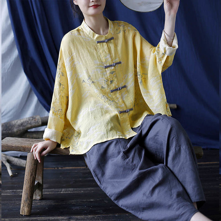 Buddha Stonesイエローフェニックスプリントカエルボタンデザイン長袖ラミーリネンジャケットシャツ - image 22