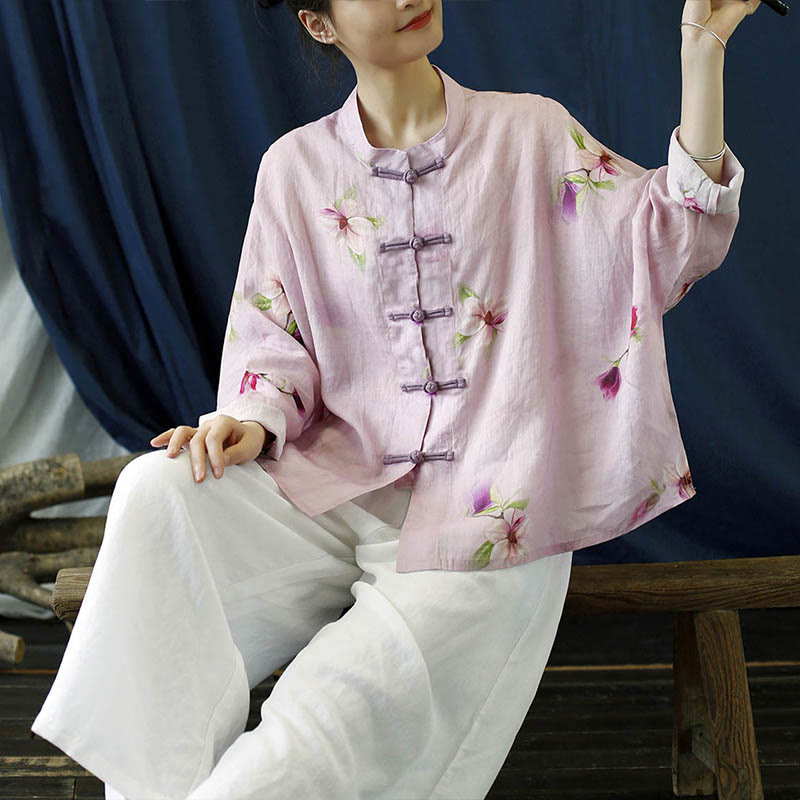 Buddha Stonesピンクフラワープリントフロッグボタンデザインバットウィング長袖ラミーリネンジャケットシャツ - image 15