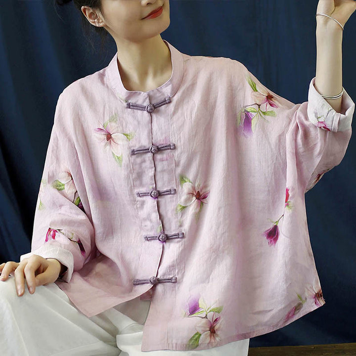 Buddha Stonesピンクフラワープリントフロッグボタンデザインバットウィング長袖ラミーリネンジャケットシャツ - image 11
