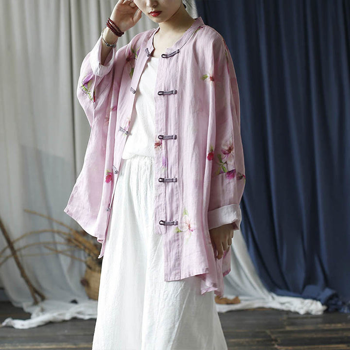 Buddha Stonesピンクフラワープリントフロッグボタンデザインバットウィング長袖ラミーリネンジャケットシャツ - image 23