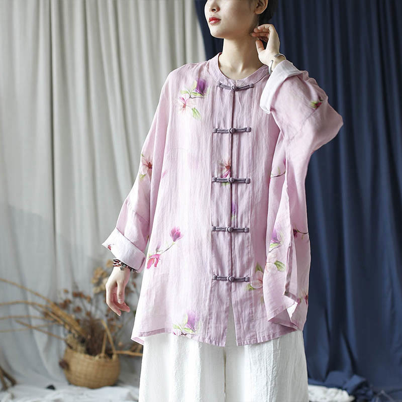 Buddha Stonesピンクフラワープリントフロッグボタンデザインバットウィング長袖ラミーリネンジャケットシャツ - image 20