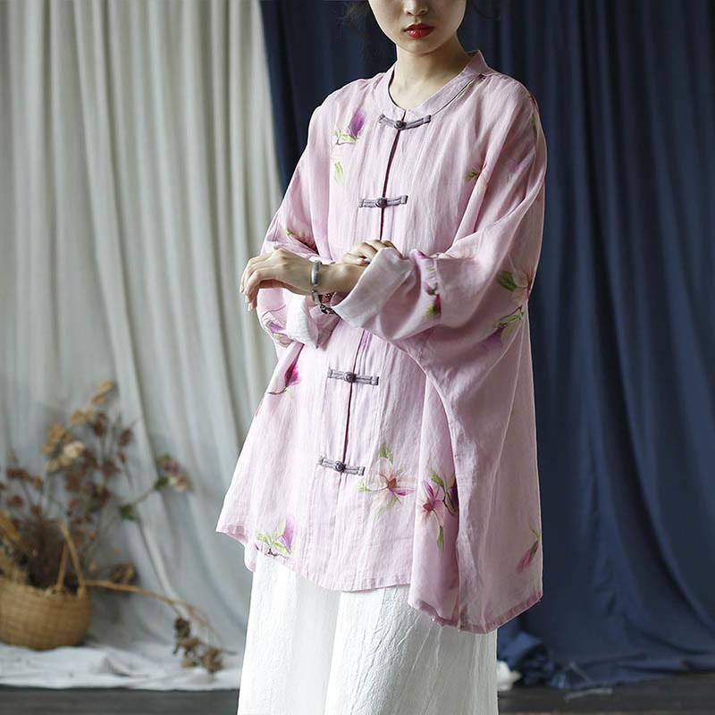 Buddha Stonesピンクフラワープリントフロッグボタンデザインバットウィング長袖ラミーリネンジャケットシャツ - image 37