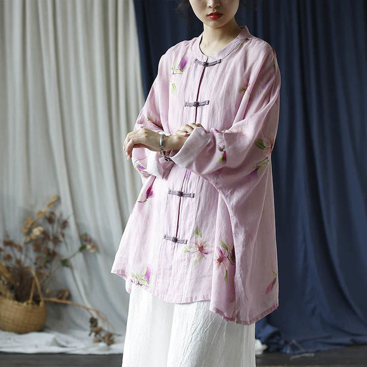 Buddha Stonesピンクフラワープリントフロッグボタンデザインバットウィング長袖ラミーリネンジャケットシャツ - image 37