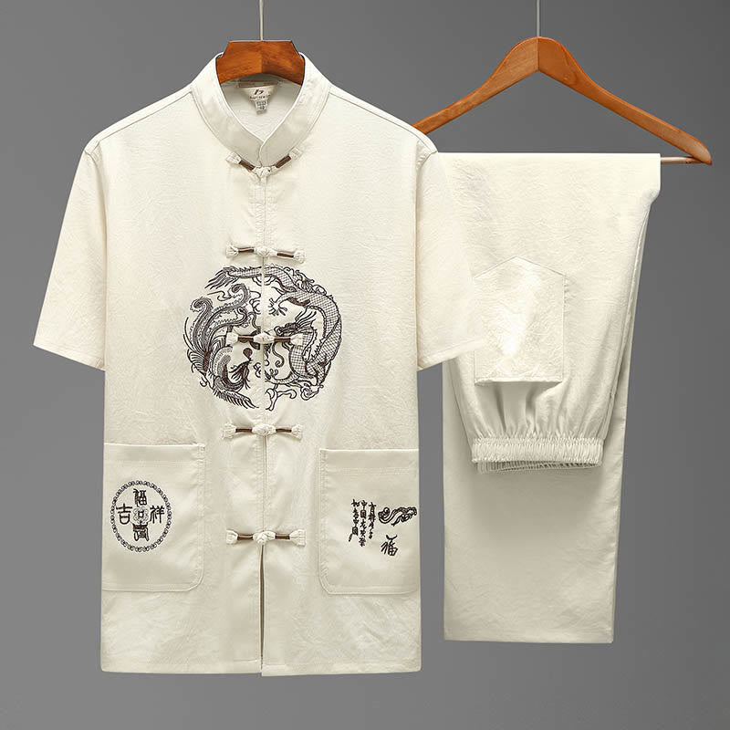 Buddha Stones龍風キャラクター唐装 伝統的半袖シャツ ワイドレッグパンツ 衣類 メンズセット - ベージュ(トップス&パンツ) - US/UK/AU44、 EU54 (4XL) - image 1