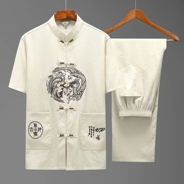 Buddha Stones龍風キャラクター唐装 伝統的半袖シャツ ワイドレッグパンツ 衣類 メンズセット - ベージュ(トップス&パンツ) - US/UK/AU44、 EU54 (4XL) - image 1
