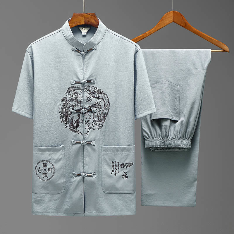 Buddha Stones龍風キャラクター唐装 伝統的半袖シャツ ワイドレッグパンツ 衣類 メンズセット - ライトグレー(トップス&パンツ) - US/UK/AU44、 EU54 (4XL) - image 16