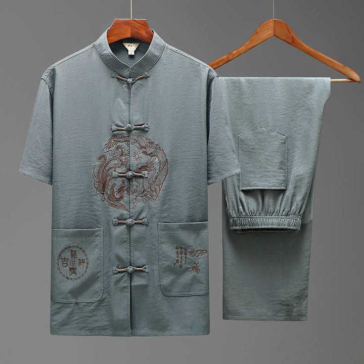 Buddha Stones龍風キャラクター唐装 伝統的半袖シャツ ワイドレッグパンツ 衣類 メンズセット - グレー(トップス&パンツ) - US/UK/AU44、 EU54 (4XL) - image 2