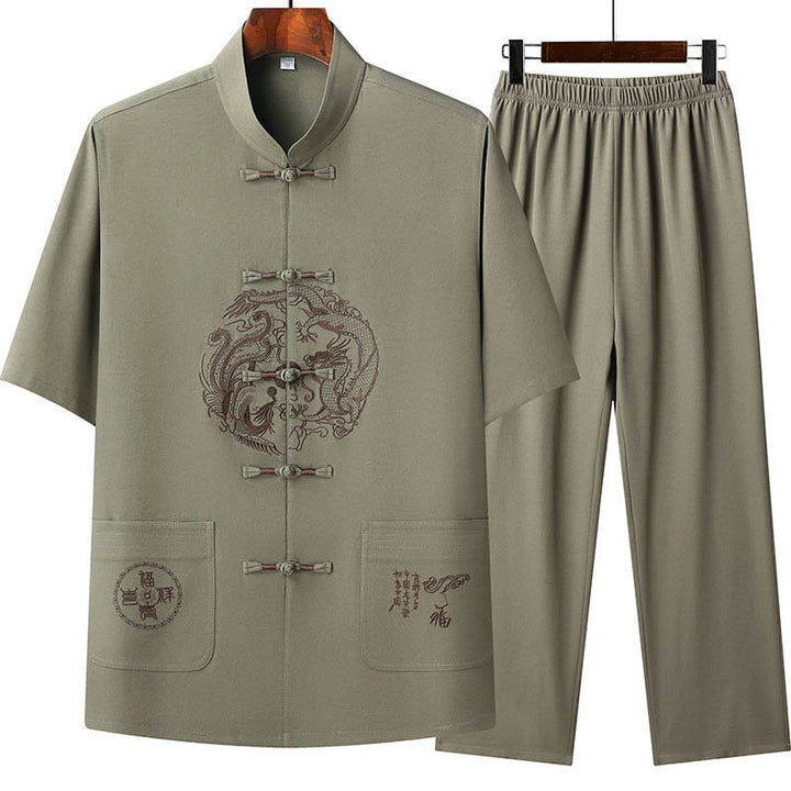 Buddha Stones龍風キャラクター唐装 伝統的半袖シャツ ワイドレッグパンツ 衣類 メンズセット - グリーン(トップス&パンツ) - US/UK/AU44、 EU54 (4XL) - image 17