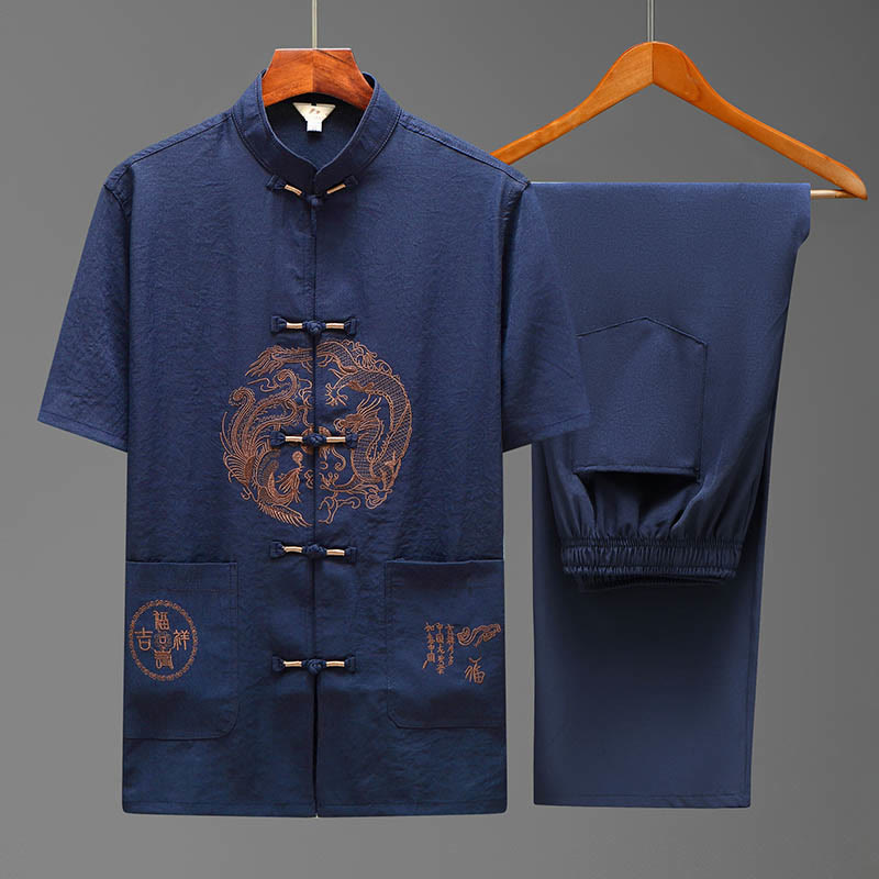 Buddha Stones龍風キャラクター唐装 伝統的半袖シャツ ワイドレッグパンツ 衣類 メンズセット - ブルー(トップス&パンツ) - US/UK/AU44、 EU54 (4XL) - image 0