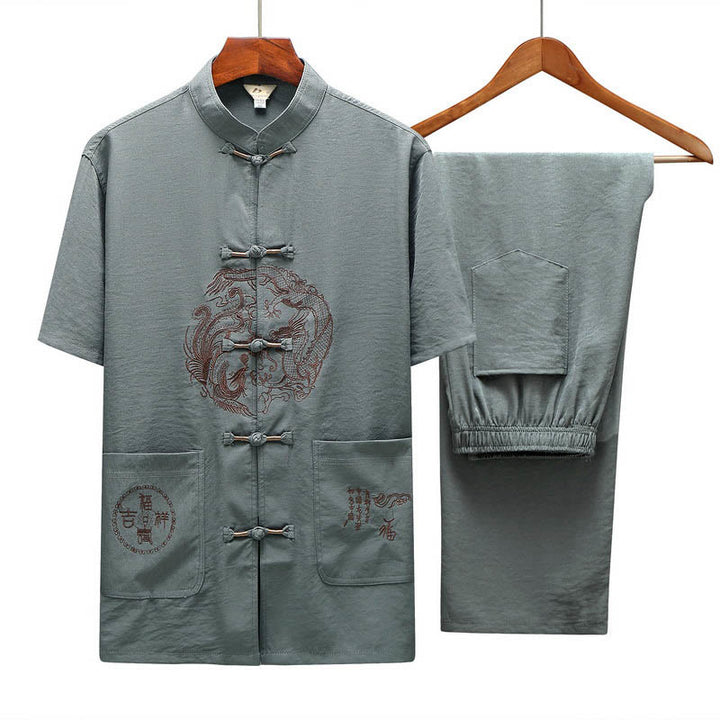 Buddha Stones龍風キャラクター唐装 伝統的半袖シャツ ワイドレッグパンツ 衣類 メンズセット - image 15