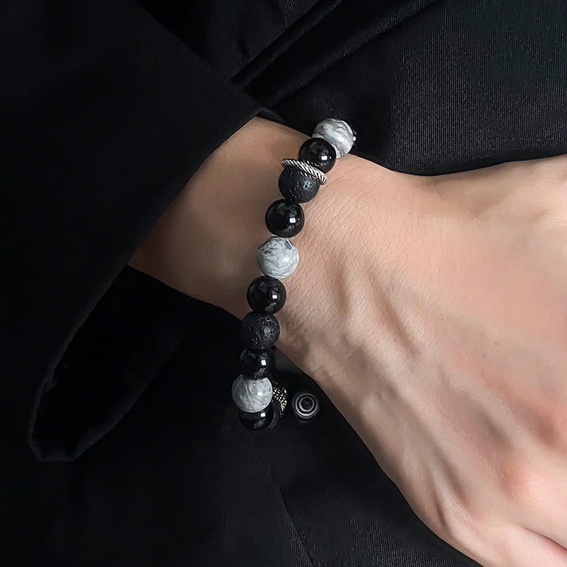 Buddha Stonesヴィンテージ 溶岩石 黒曜石 ピカソジャスパー ビーズ サポートロープ ブレスレット