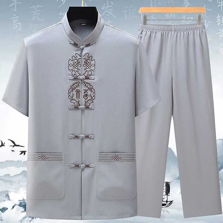 Buddha Stonesフーキャラクター中国結び刺繍唐装伝統的な半袖トップスパンツ服メンズセット - ライトグレー(トップス&パンツ) - US/UK/AU42、 EU52 (3XL) - image 3