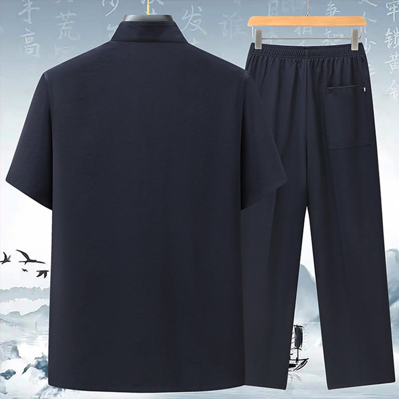 Buddha Stonesフーキャラクター中国結び刺繍唐装伝統的な半袖トップスパンツ服メンズセット - image 7
