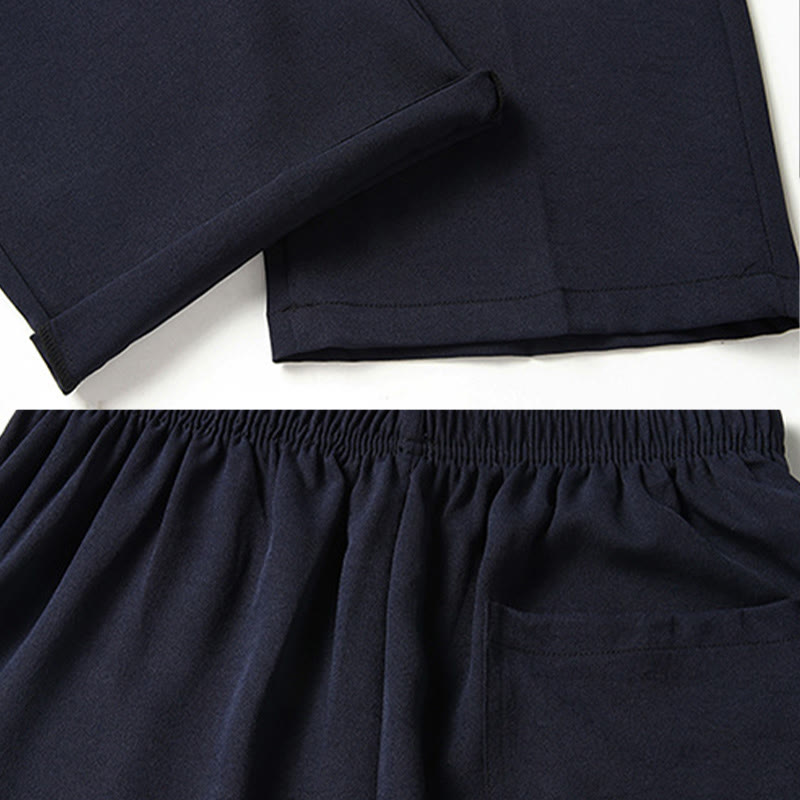 Buddha Stonesフーキャラクター中国結び刺繍唐装伝統的な半袖トップスパンツ服メンズセット - image 14