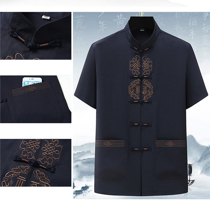 Buddha Stonesフーキャラクター中国結び刺繍唐装伝統的な半袖トップスパンツ服メンズセット - image 12