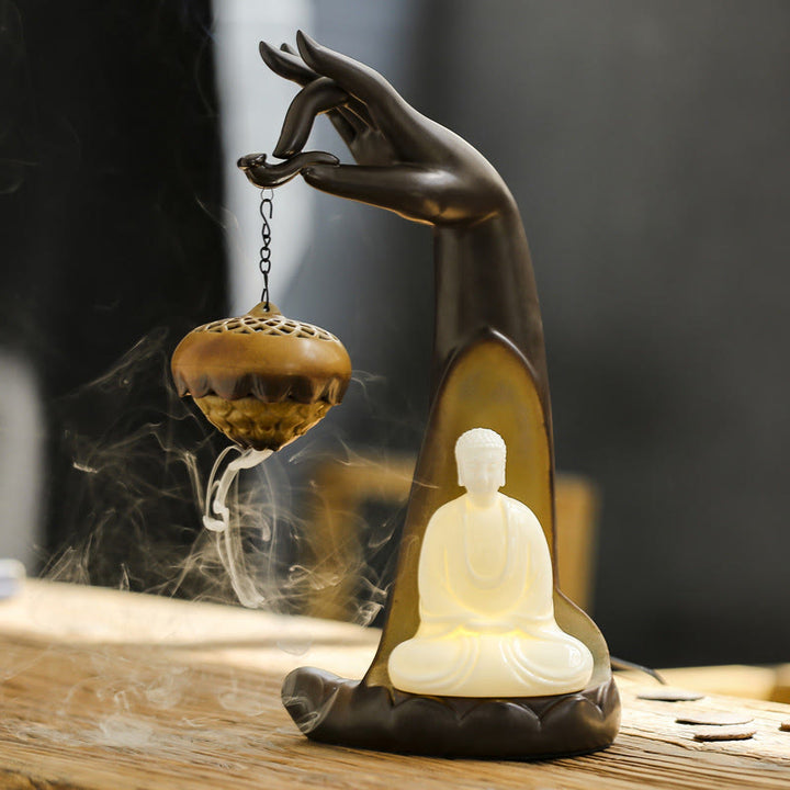 Buddha StonesLED仏手逆流煙噴水 癒しの陶器スティック香炉装飾