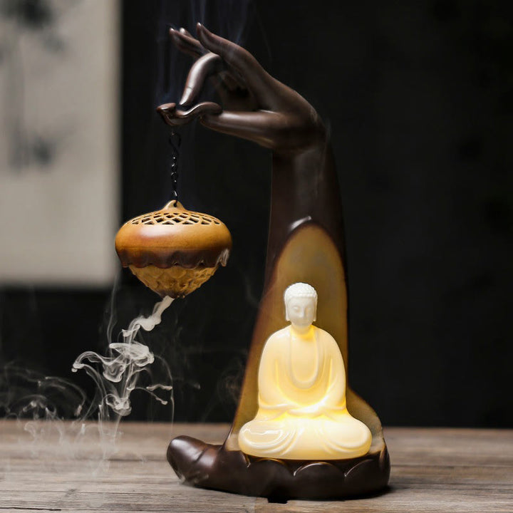 Buddha StonesLED仏手逆流煙噴水 癒しの陶器スティック香炉装飾