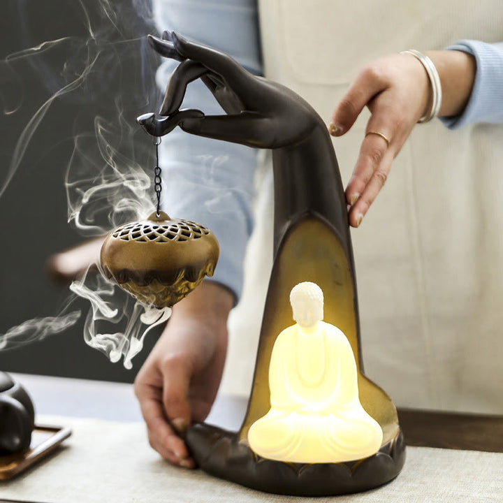 Buddha StonesLED仏手逆流煙噴水 癒しの陶器スティック香炉装飾
