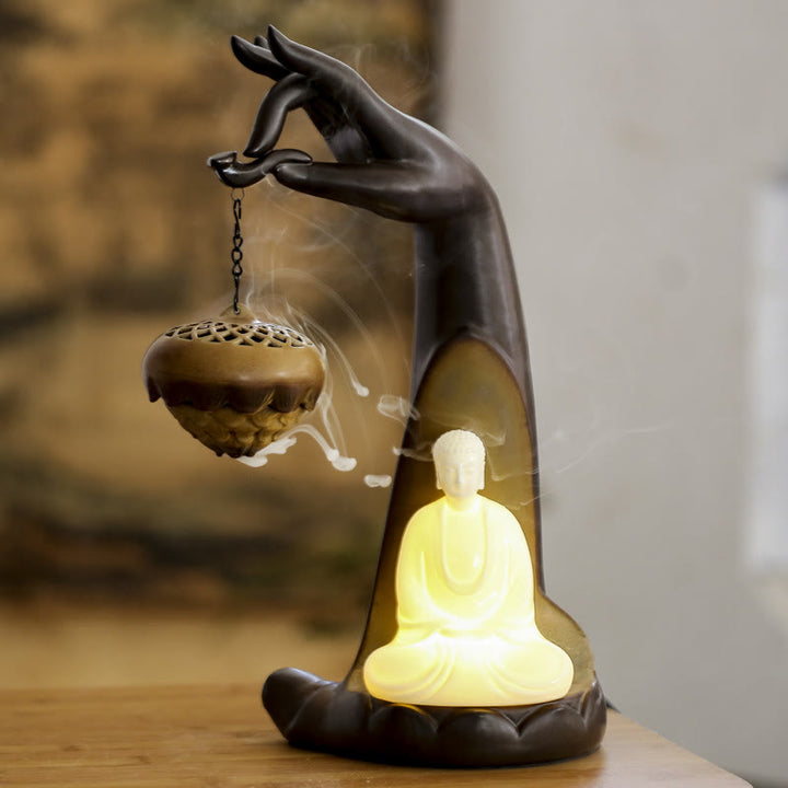 Buddha StonesLED仏手逆流煙噴水 癒しの陶器スティック香炉装飾