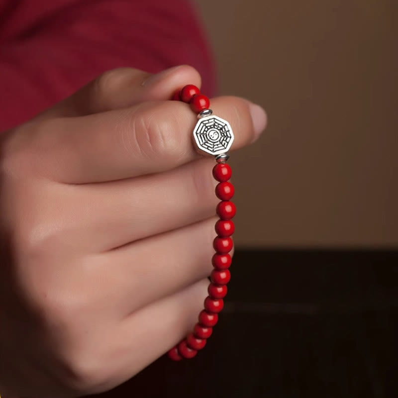 Buddha Stones925スターリングシルバー 陰陽八卦シンボル 辰砂 ストリング 集中ブレスレット