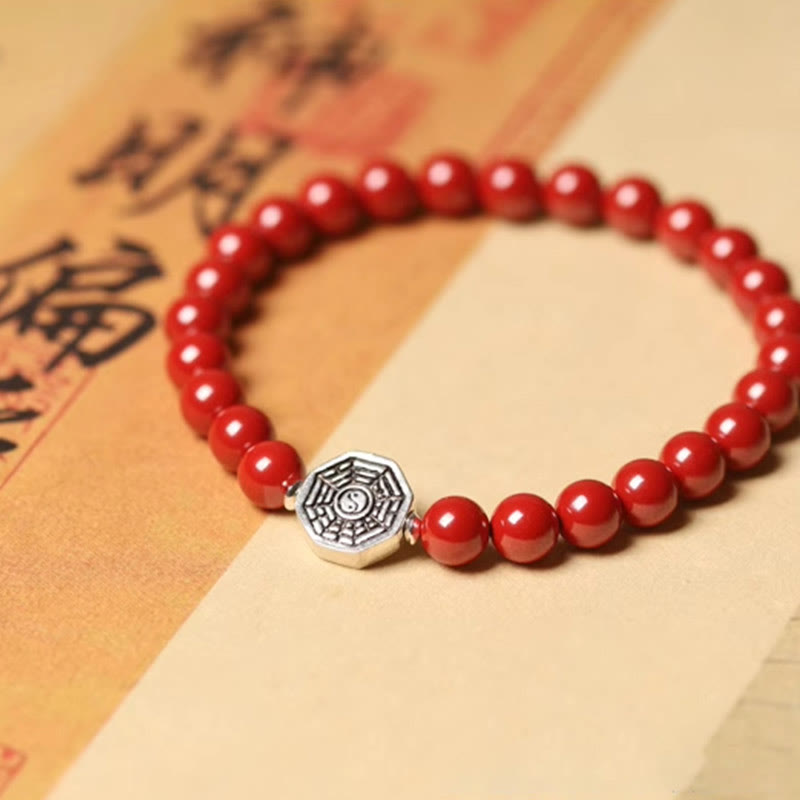 Buddha Stones925スターリングシルバー 陰陽八卦シンボル 辰砂 ストリング 集中ブレスレット