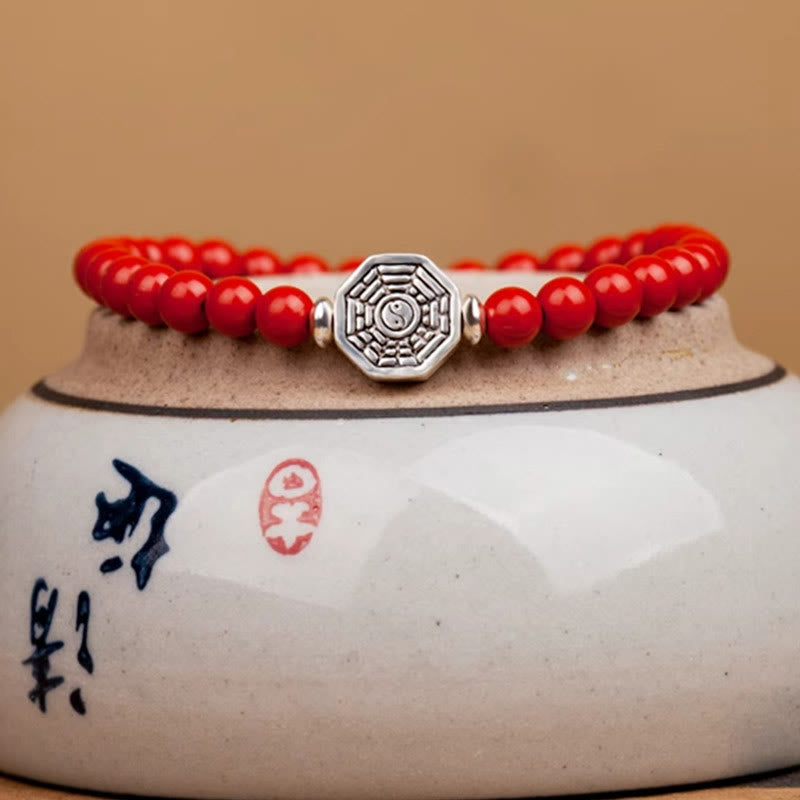Buddha Stones925スターリングシルバー 陰陽八卦シンボル 辰砂 ストリング 集中ブレスレット