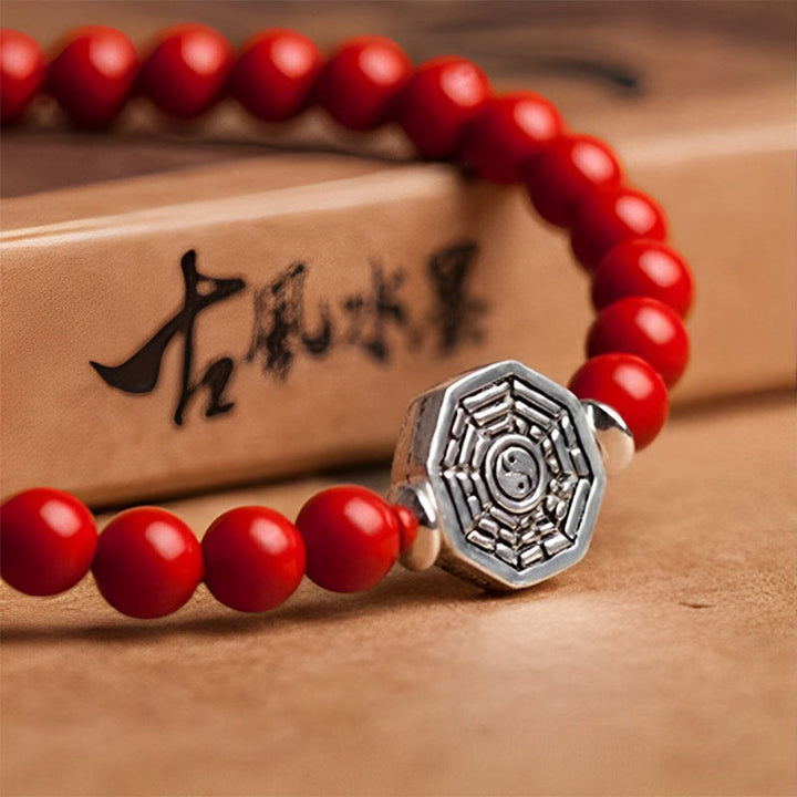 Buddha Stones925スターリングシルバー 陰陽八卦シンボル 辰砂 ストリング 集中ブレスレット