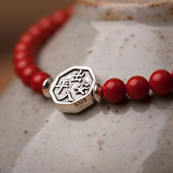 Buddha Stones925スターリングシルバー 陰陽八卦シンボル 辰砂 ストリング 集中ブレスレット