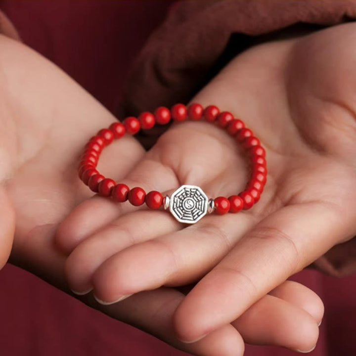 Buddha Stones925スターリングシルバー 陰陽八卦シンボル 辰砂 ストリング 集中ブレスレット