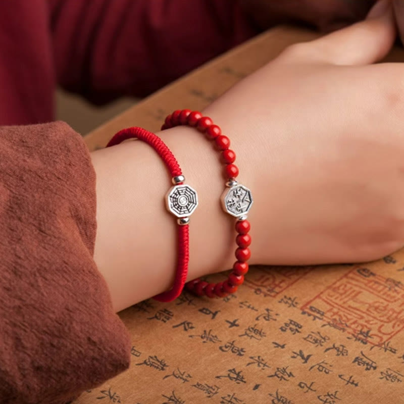 Buddha Stones925スターリングシルバー 陰陽八卦シンボル 辰砂 ストリング 集中ブレスレット