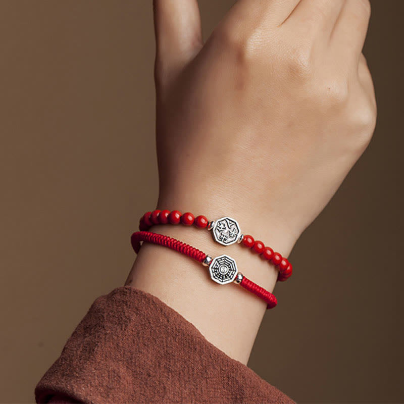 Buddha Stones925スターリングシルバー 陰陽八卦シンボル 辰砂 ストリング 集中ブレスレット