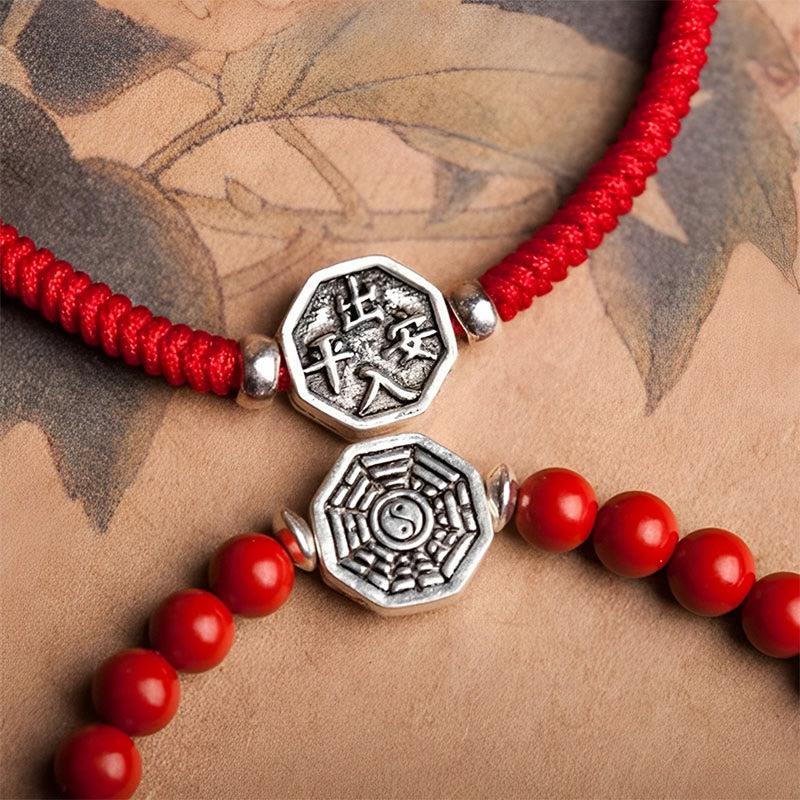 Buddha Stones925スターリングシルバー 陰陽八卦シンボル 辰砂 ストリング 集中ブレスレット
