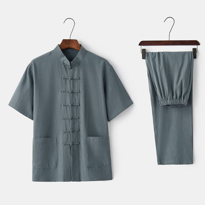 Buddha Stones無地 カエルボタン 唐装 伝統的 コットン リネン 半袖 トップス パンツ 衣類 メンズ セット - グレーグリーン(トップス&パンツ) - US/UK/AU44、 EU54 (4XL)  - image 0