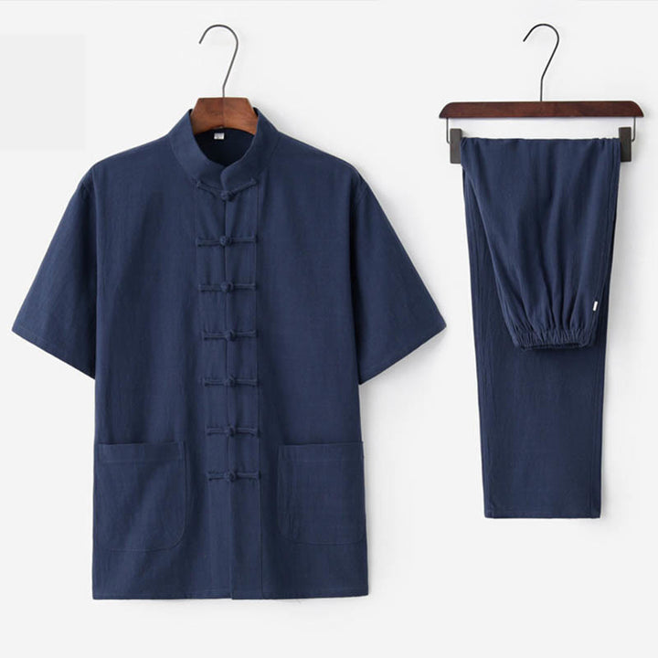 Buddha Stones無地 カエルボタン 唐装 伝統的 コットン リネン 半袖 トップス パンツ 衣類 メンズ セット - ネイビーブルー(トップス&パンツ) - US/UK/AU44、 EU54 (4XL)  - image 7