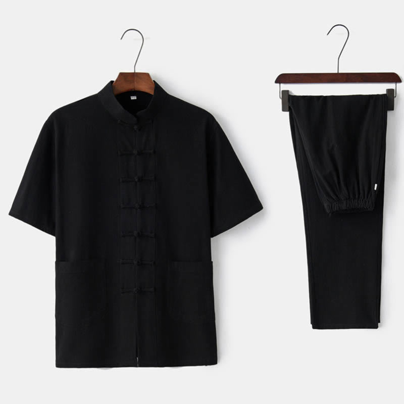 Buddha Stones無地 カエルボタン 唐装 伝統的 コットン リネン 半袖 トップス パンツ 衣類 メンズ セット - 黒（トップス＆パンツ） - US/UK/AU44、 EU54 (4XL)  - image 6