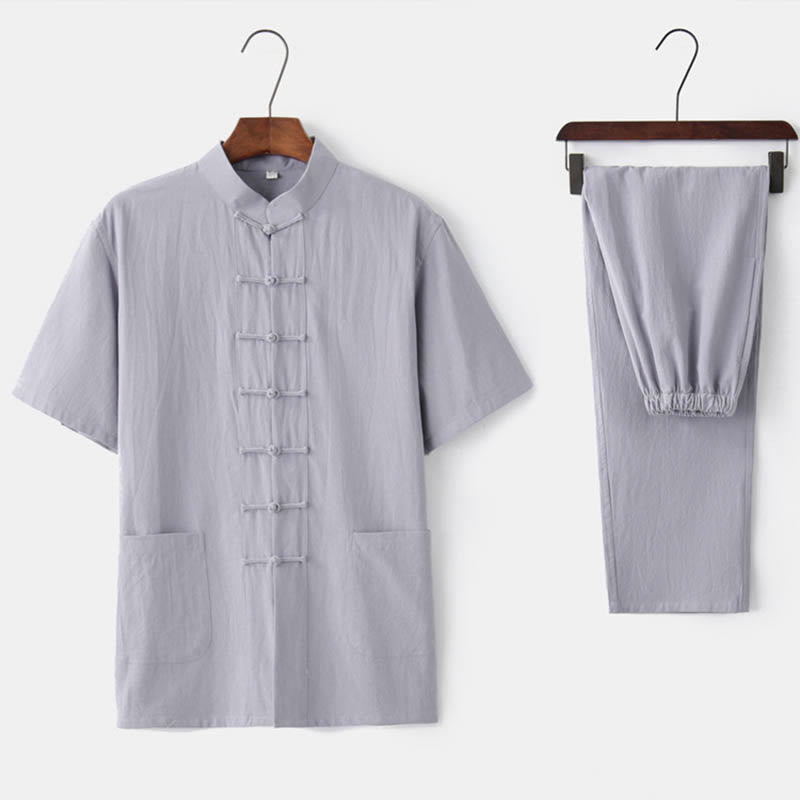 Buddha Stones無地 カエルボタン 唐装 伝統的 コットン リネン 半袖 トップス パンツ 衣類 メンズ セット - グレー(トップス&パンツ) - US/UK/AU44、 EU54 (4XL)  - image 2