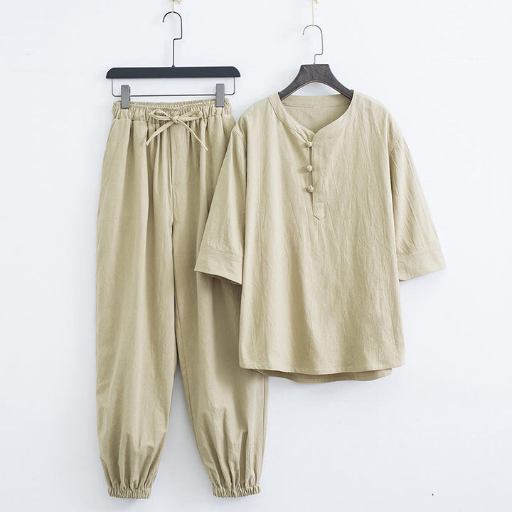 Buddha Stones無地の伝統的な半袖Tシャツとパンツのメンズ服セット - ベージュ（トップス＆パンツ） - US/UK/AU44、 EU54 (4XL) - image 13