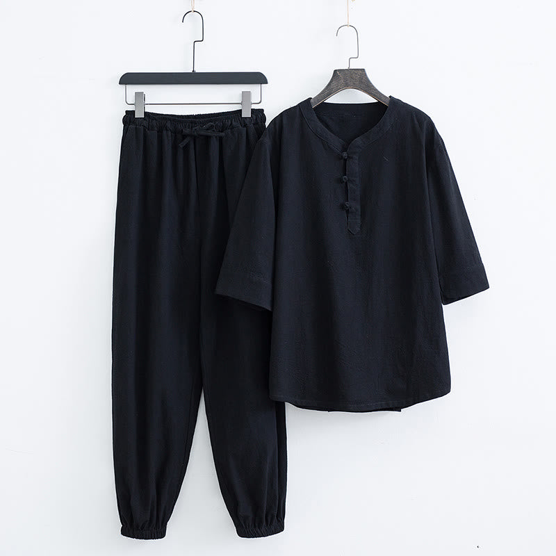 Buddha Stones無地 伝統的 コットン リネン 半袖 Tシャツ パンツ 衣類 メンズ セット - ブラック(トップス&パンツ) - US/UK/AU44、 EU54 (4XL) - image 9